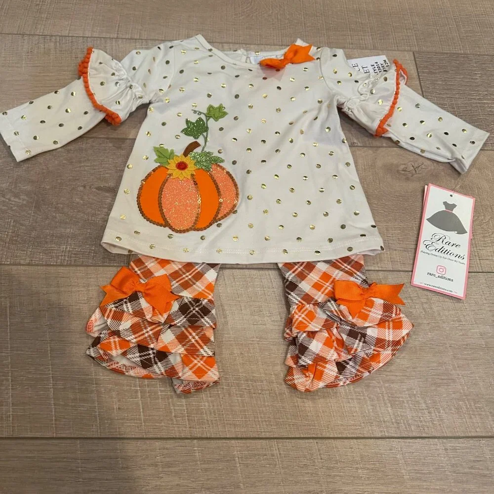 RARE EDITIONS FALL PUMPKIN RUFFLE PANT OUTFIT NEW 12 MONTHS